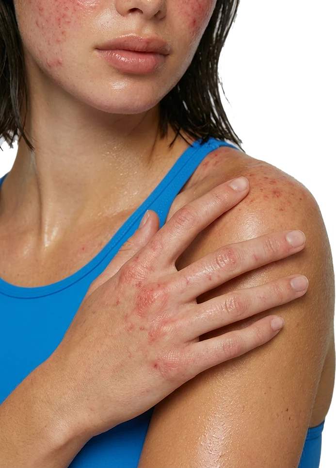 Woman in a blue top touching her shoulder, from the original pHresh site