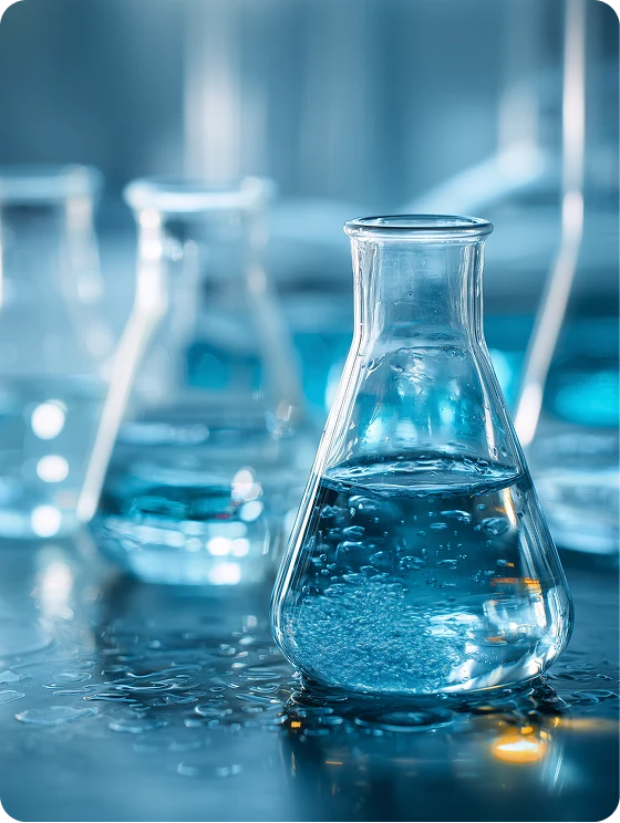 Laboratory glassware with blue liquid